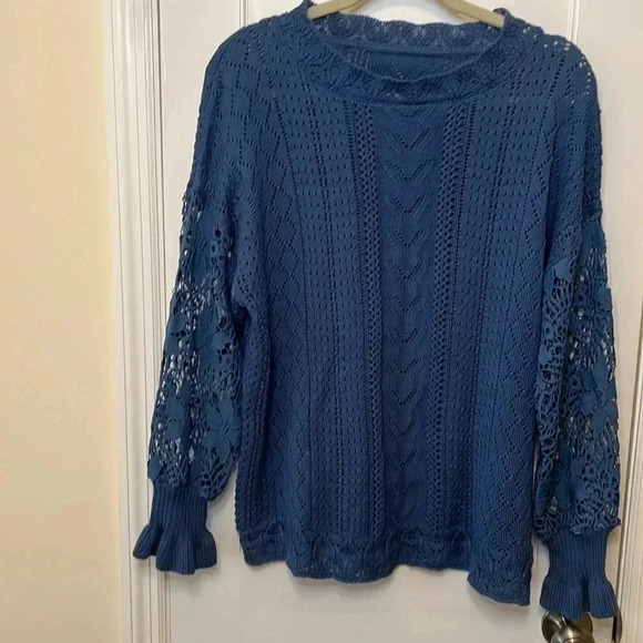 Knit Lacy Crochet Cable Sweater Womens Large Long Sleeves Blue Cottage Core Boho - Picture 3 of 16
